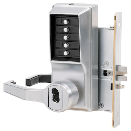 Dormakaba Mortise Combination Lever Lock, Key Override, Lockout, 6/7-Pin SFIC Prep, Less Core, Satin Chrome L8146B-26D-41